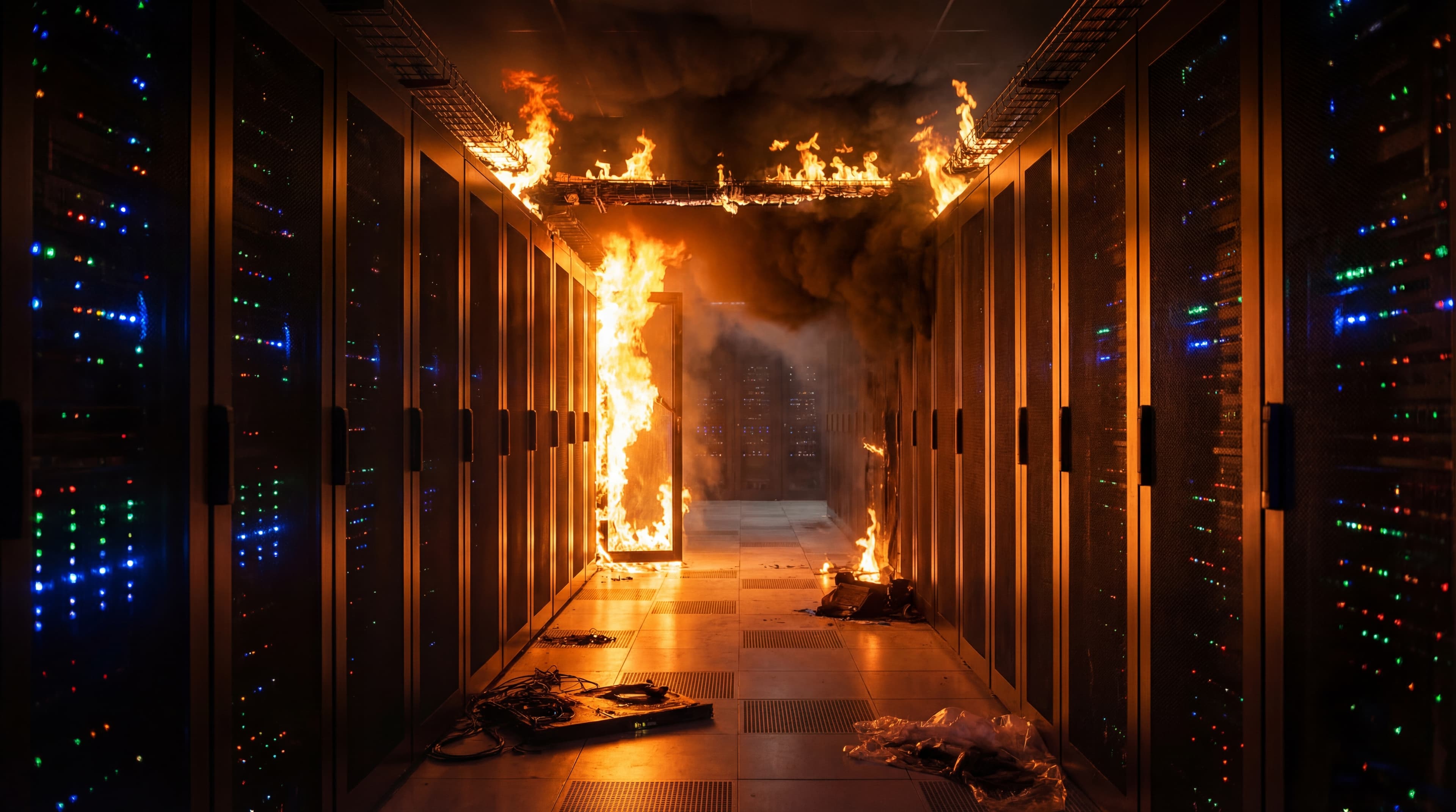 Data center server room engulfed in fire illustrating electrification risk