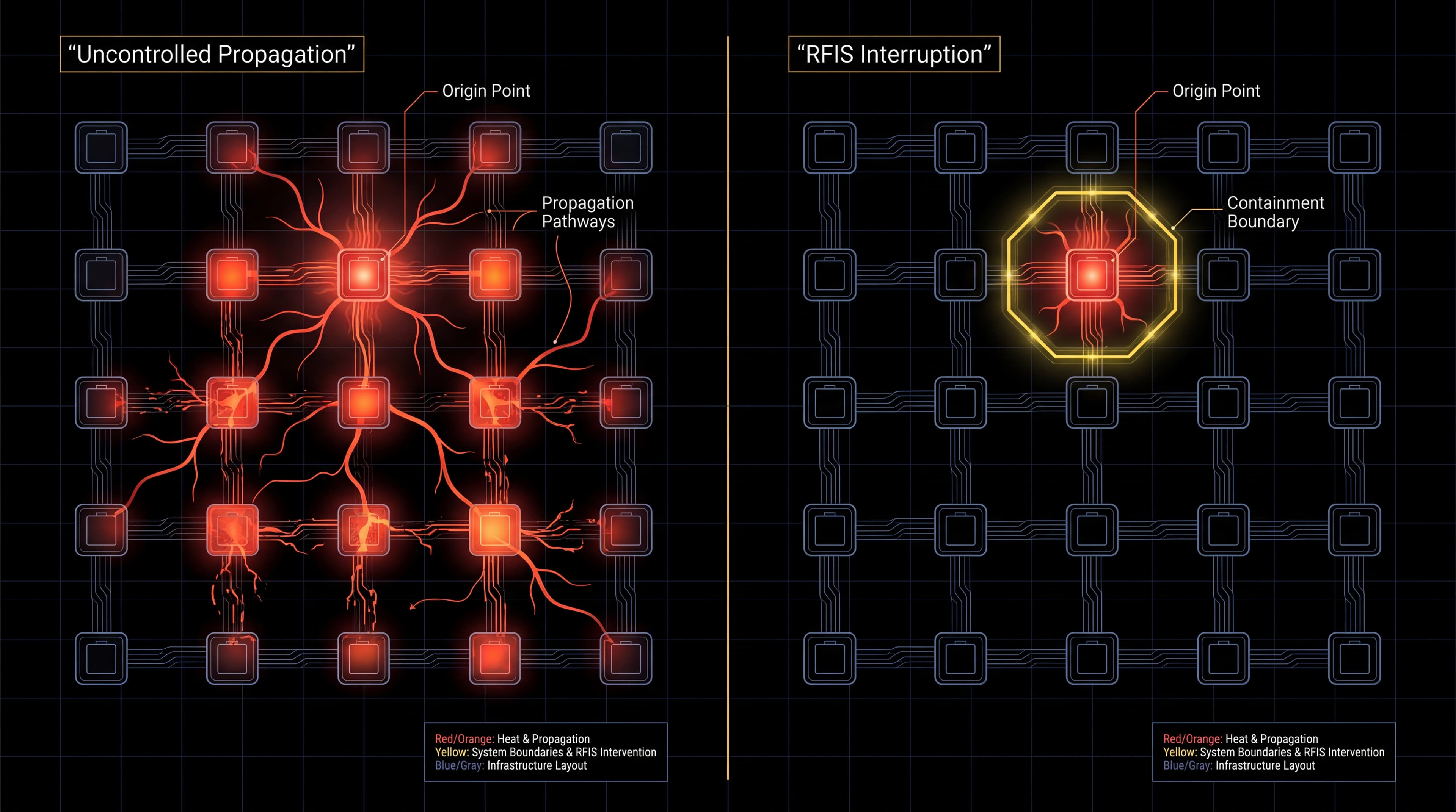 Comparison diagram: Uncontrolled Propagation vs RFIS Interruption containment