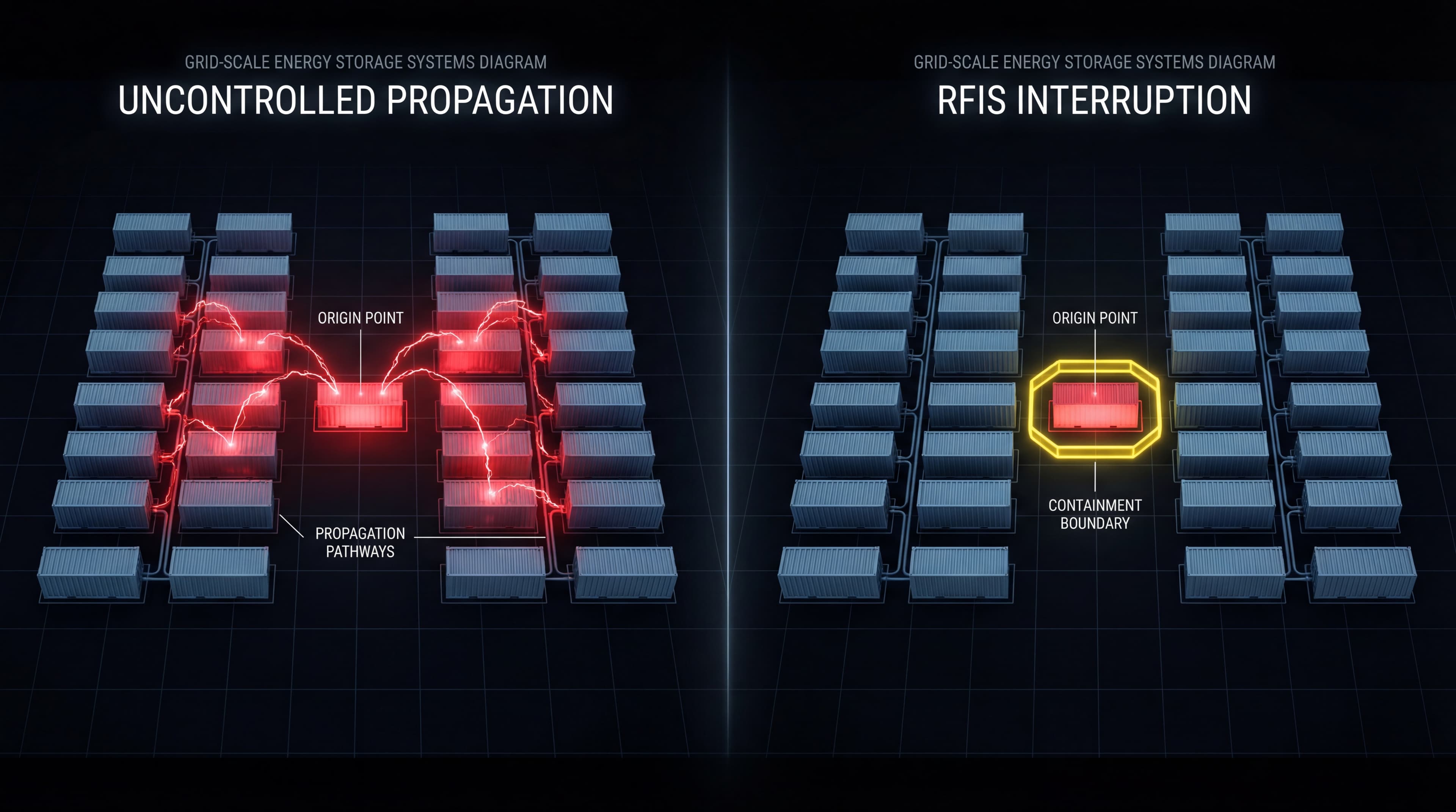 Comparison of uncontrolled propagation versus RFIS interruption in energy storage