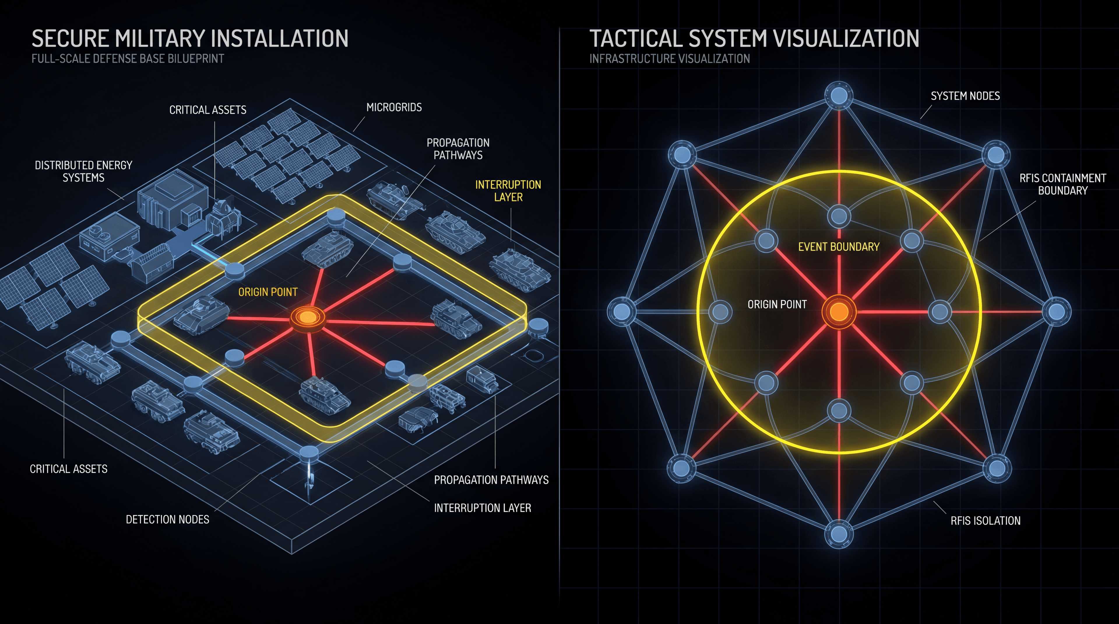 RFIS defense application across weapon military installation and tactical system power grid