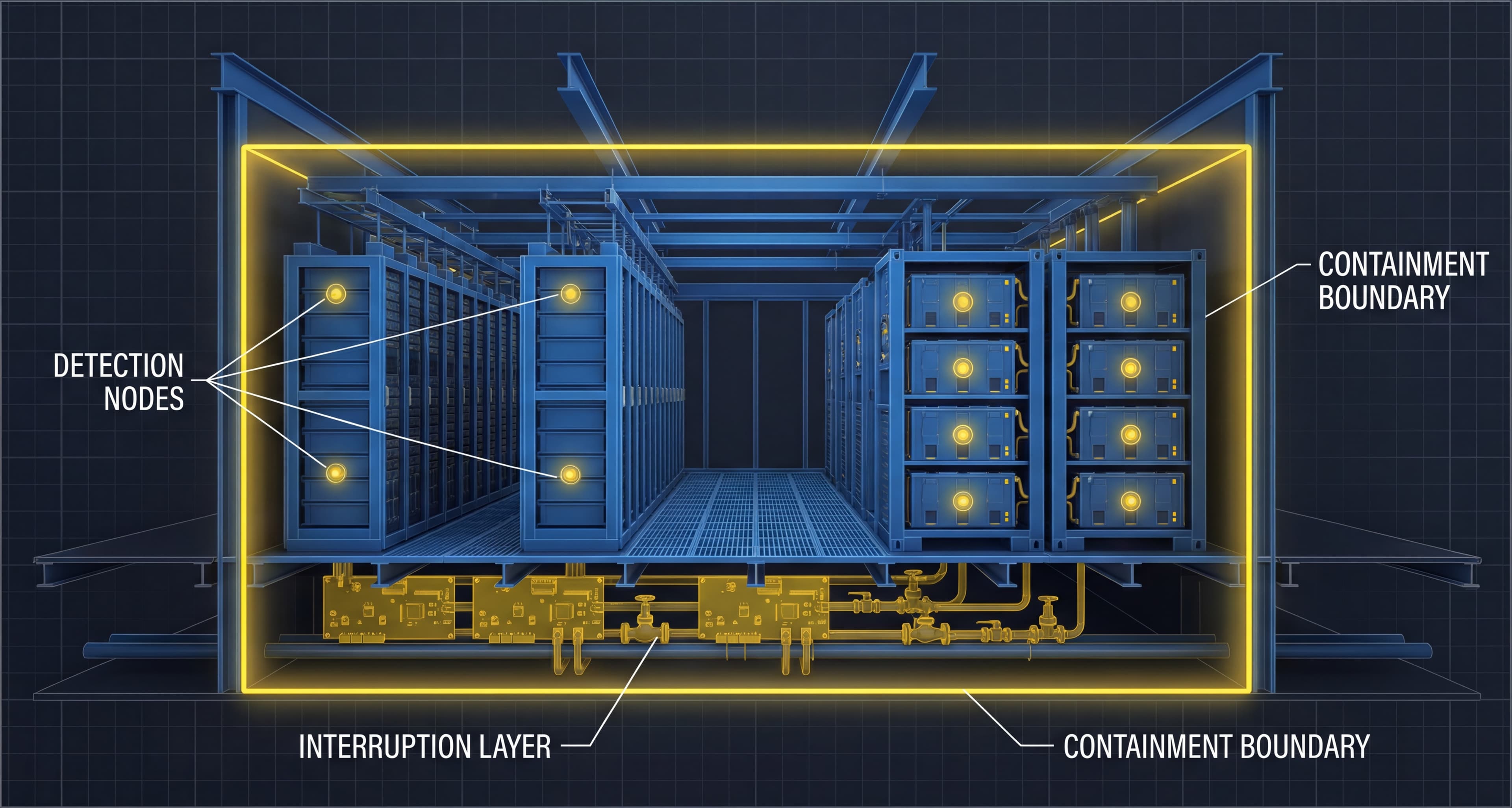 Data center RFIS deployment showing detection node and containment boundary